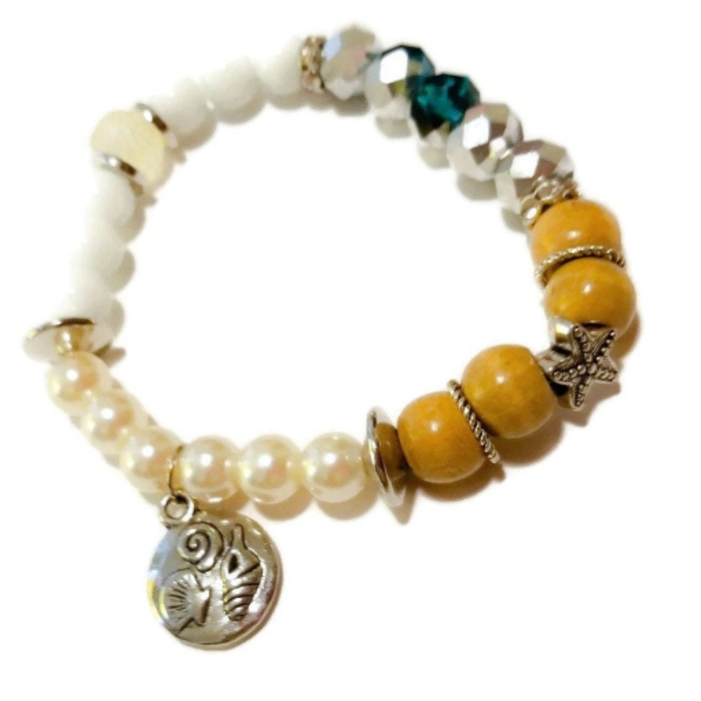 Beaded Pearl and Teal Charm Bracelet